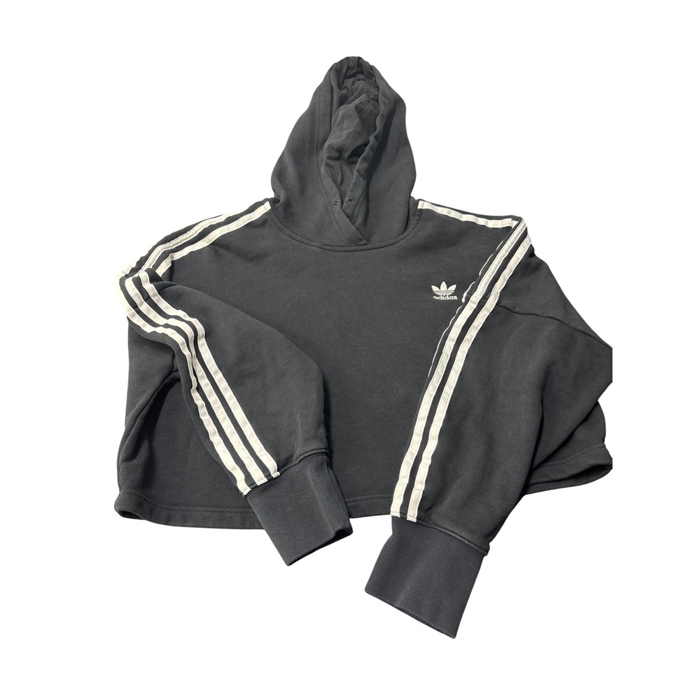 Adidas Originals Women Black Three Stripe Cropped Hoodie Sweatshirt Small